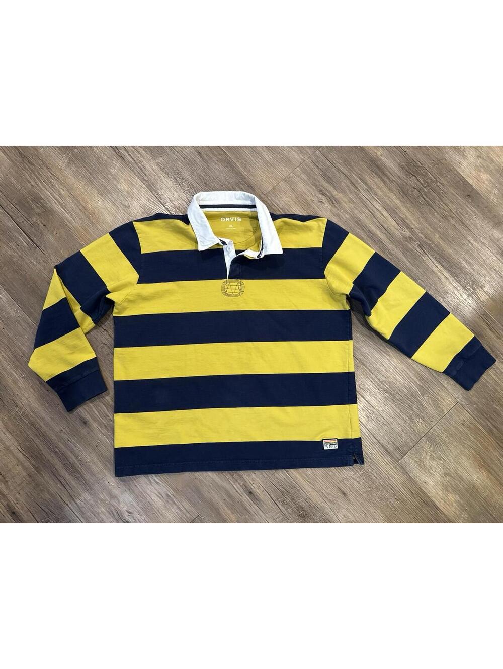 Orvis Striped Rugby Polo Men’s Sz Large Yellow And Blue Collared Buttons
